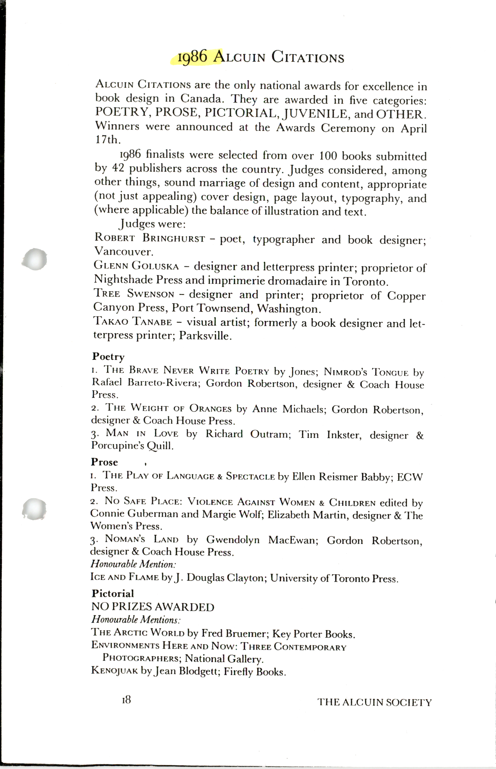 Cover page for 1986 Alcuin Award Winner Catalogue